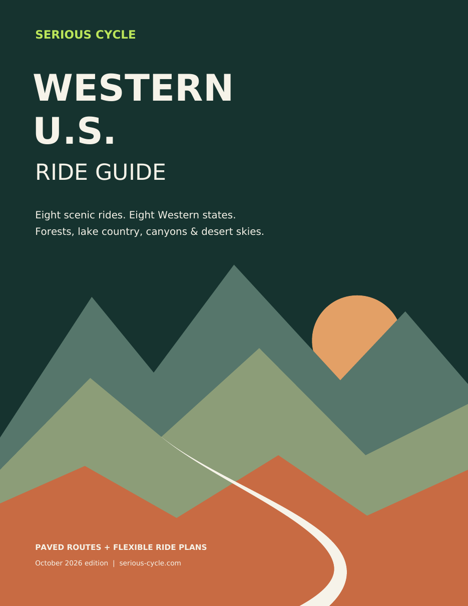 Western U.S. Ride Guide with a winding trail tapering into a mountain valley