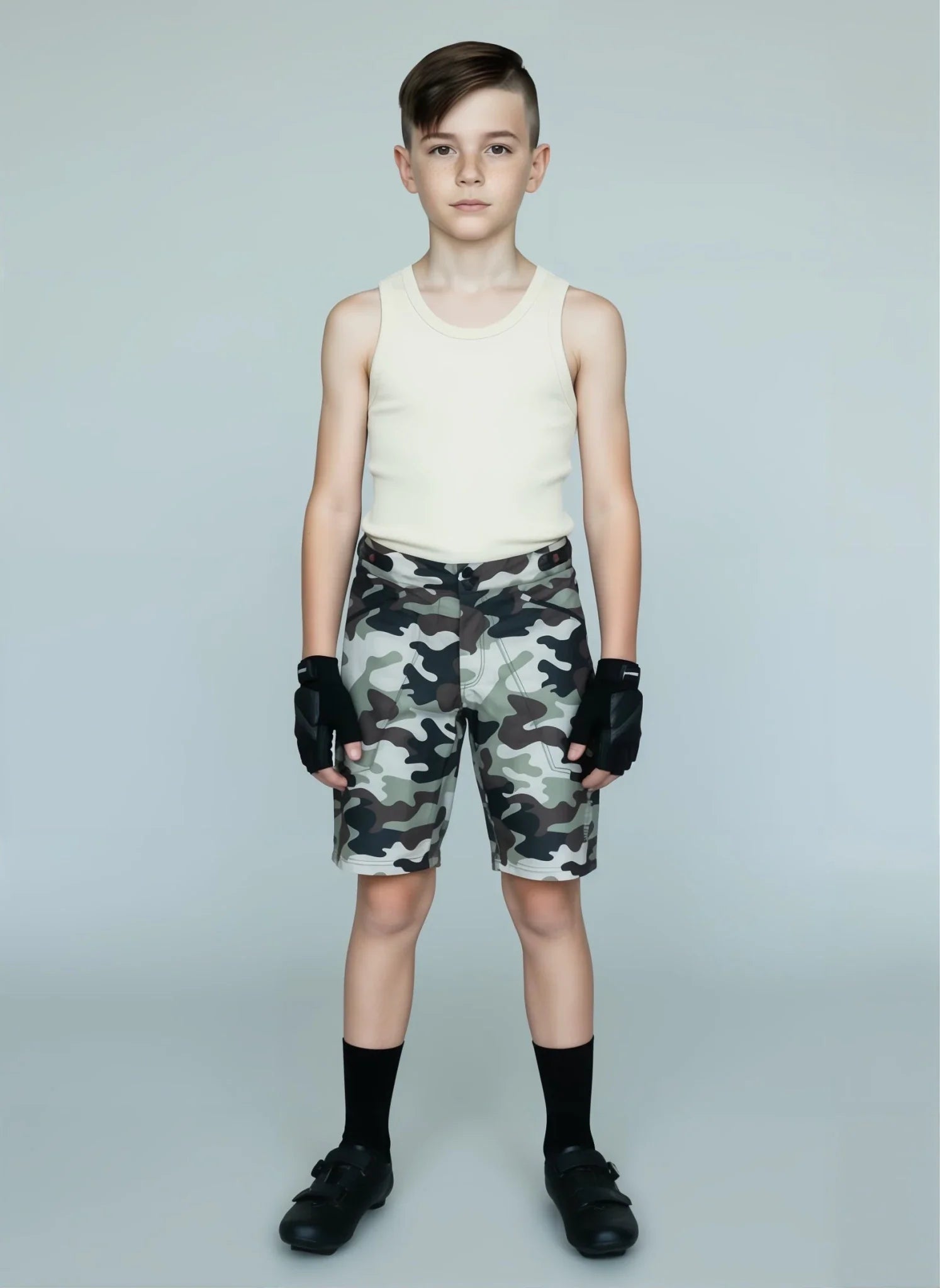 Youth MTB Shorts with Padded Undershorts | Shredder Kid's Camo Mountain Bike Shorts